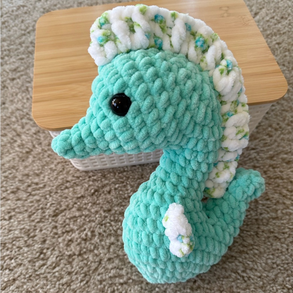 Handmade crochet seahorse plushie